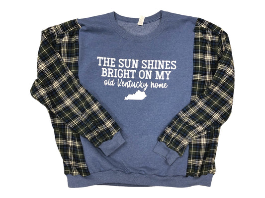 Upcycled KY sun shines bright reworked sweatshirt flannel/cotton sleeves oversized refashion blue, green white reconstructed pullover OOAK