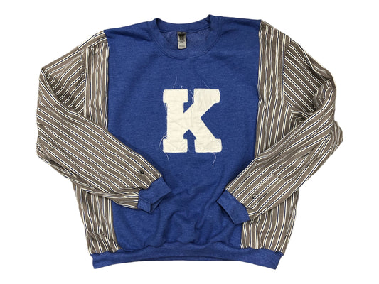 Upcycled KY reworked sweatshirt hoodie flannel/cotton sleeves oversized refashion blue, grey, white reconstructed pullover OOAK