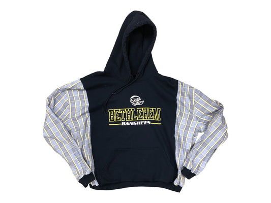 Upcycled Bethlehem Banshees reworked hoodie flannel/cotton sleeves oversized refashion navy, gold reconstructed pullover OOAK