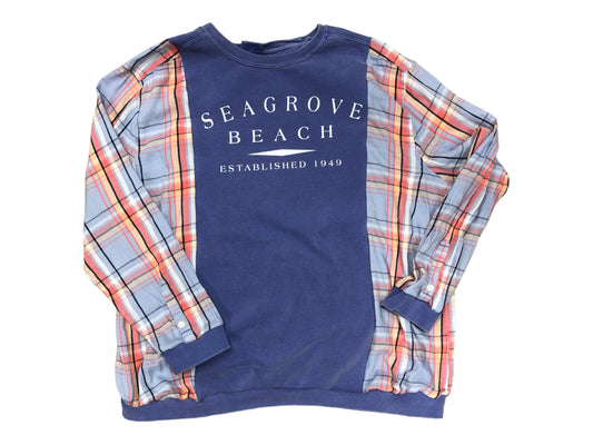 Upcycled seagrove beach sweatshirt reworked flannel/cotton sleeves oversized refashion reconstructed pullover OOAK