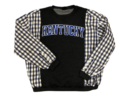 Upcycled KY reworked sweatshirt hoodie flannel/cotton sleeves oversized refashion blue, greyish black, white reconstructed pullover OOAK