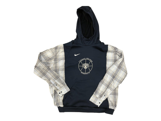 Upcycled generals Thomas Nelson basketball hoodie reworked flannel oversized refashion navy white blue plaid reconstructed pullover OOAK