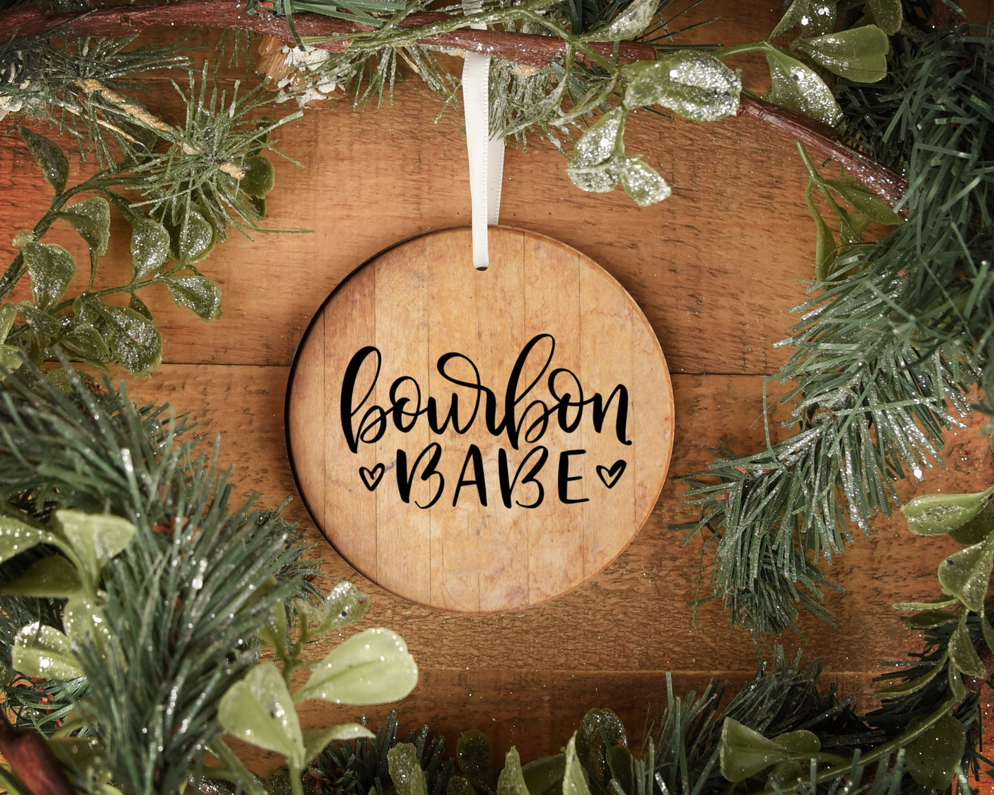 Bourbon Babe 4" wooden circle ornament