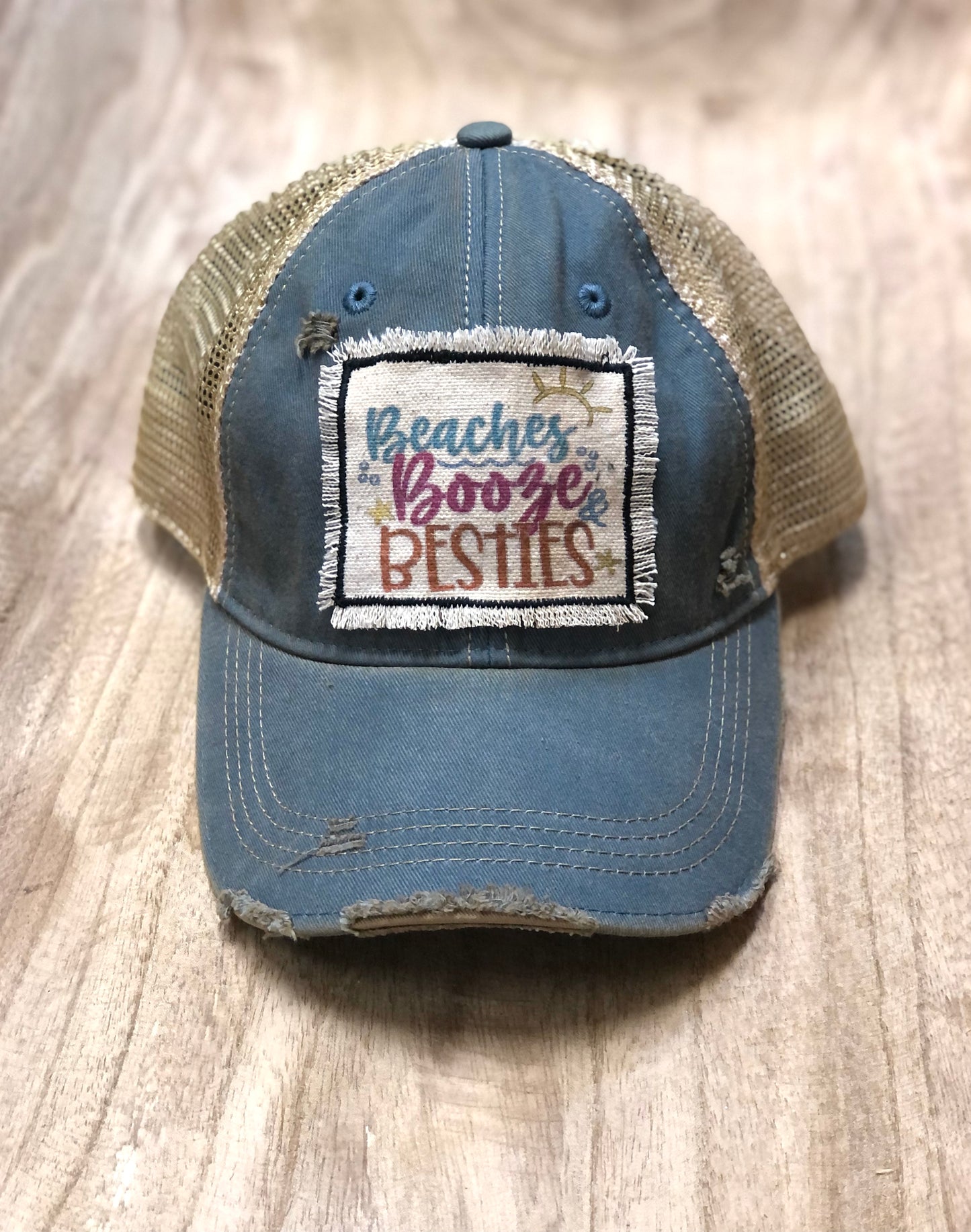 Beaches, Booze, and Besties distressed hat