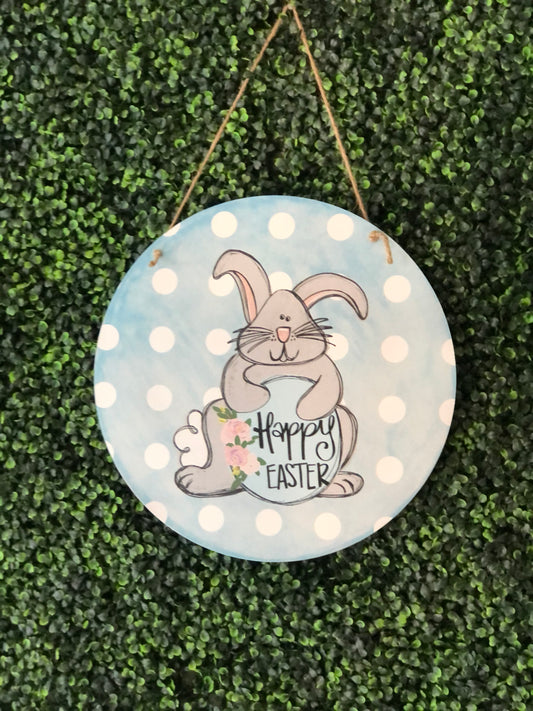 Easter Wooden Circle Door Hanger / Happy Easter Bunny