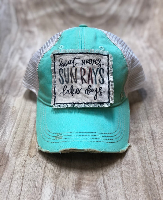 Boat waves, sun rays, lake days distressed hat
