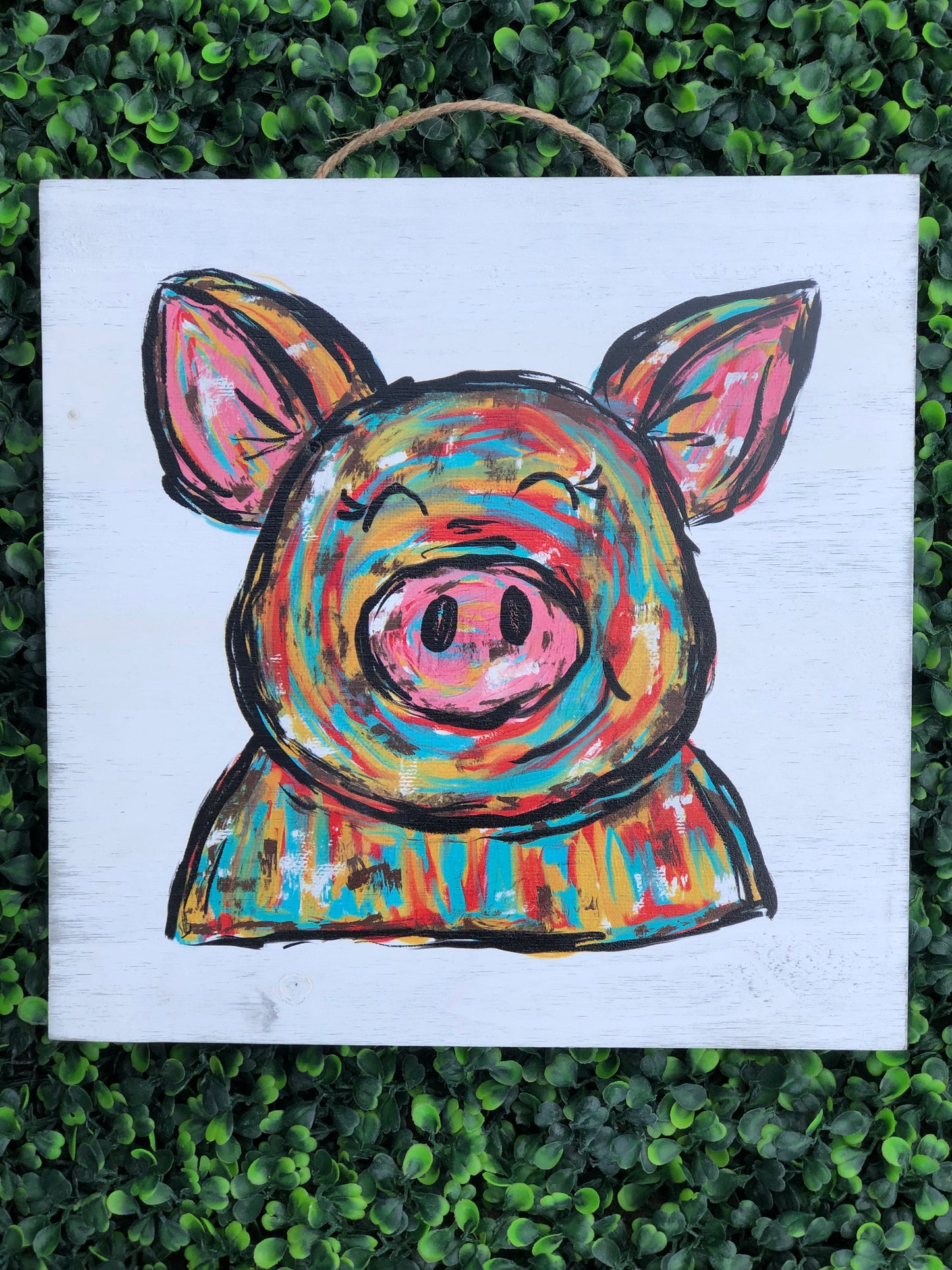 10" x 10" Colorful pig wooden sign