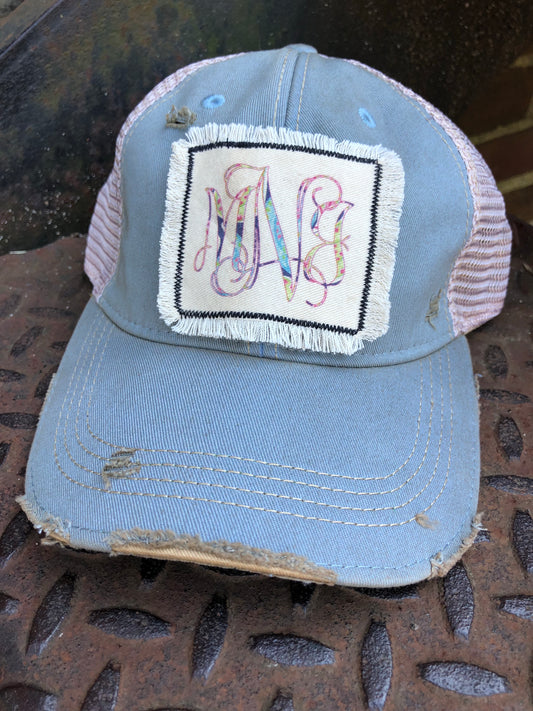 Monogram Fringe patch distressed hat