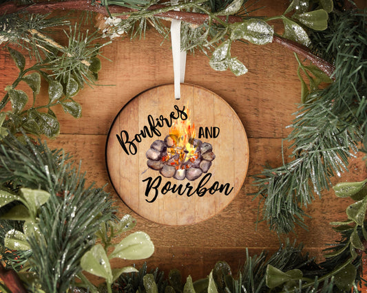 Bonfires and Bourbon 4" wooden circle ornament