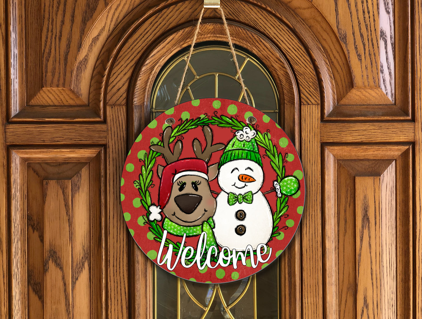 Welcome reindeer and snowman Wooden Door Hanger