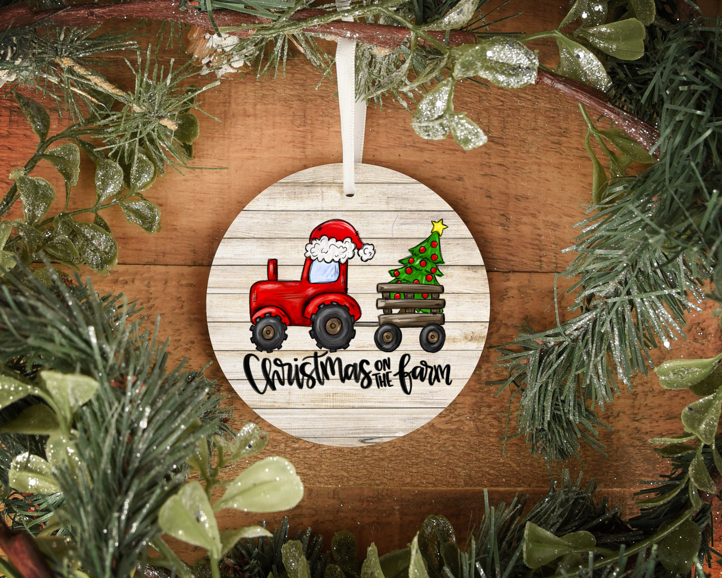 Christmas on the farm  4" wooden circle ornament