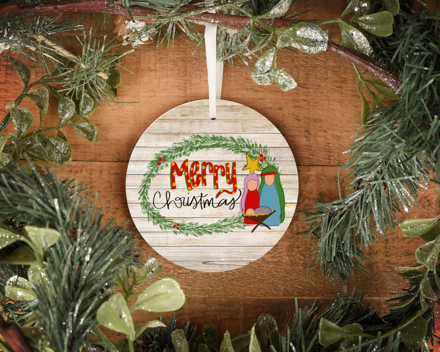 Merry Christmas nativity 4" wooden circle ornament