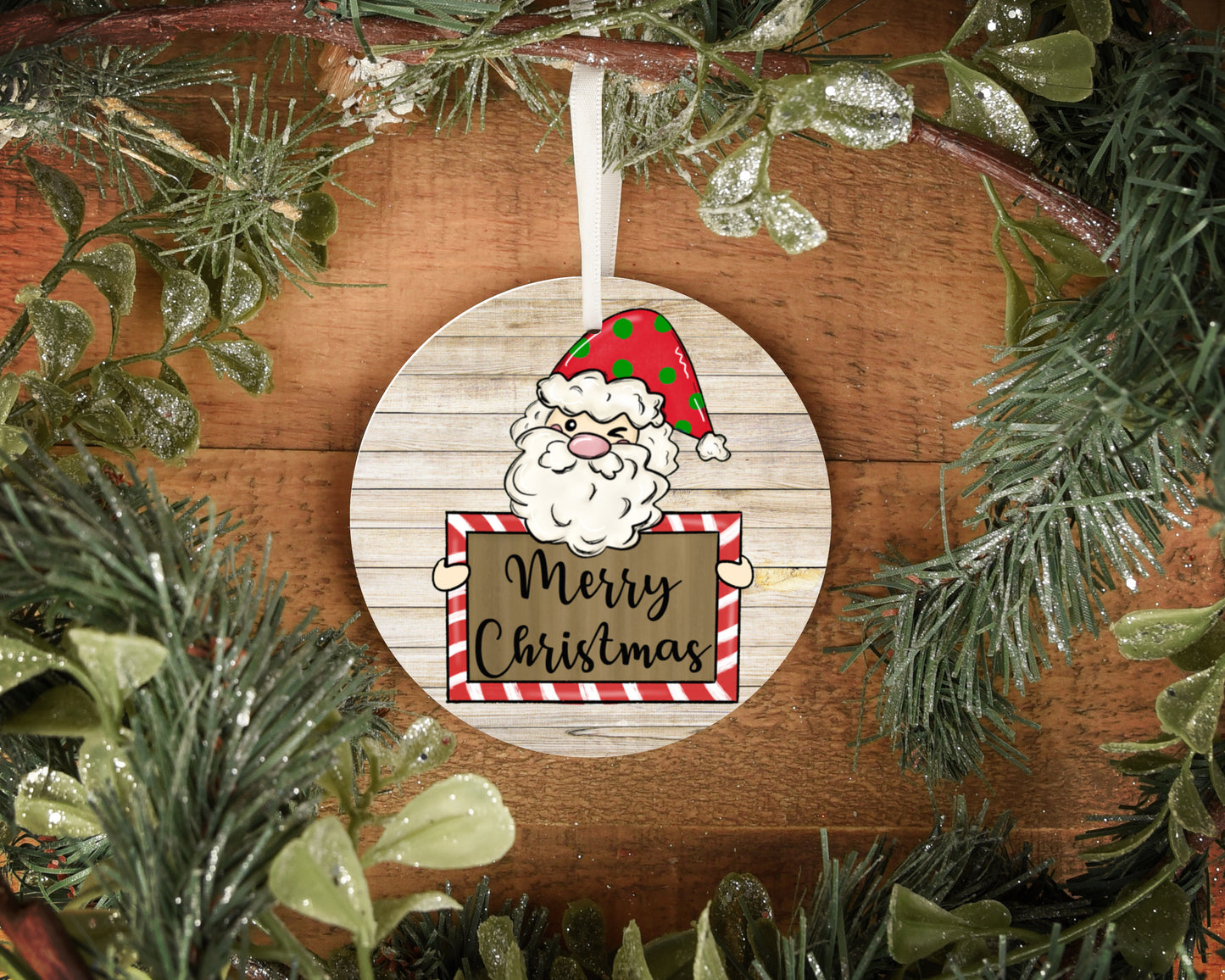Merry Christmas Santa 4" wooden circle ornament