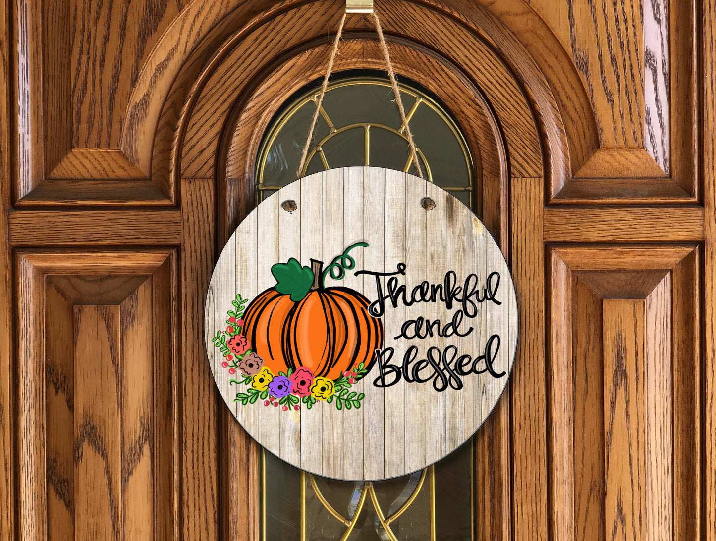 Thankful and Blessed Pumpkin Wooden Circle Door Hanger